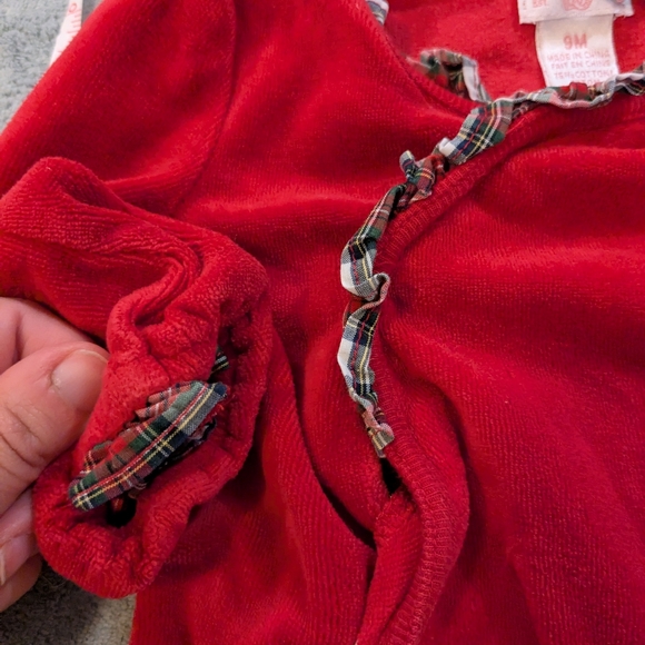 Cozy Red Kids Footie with Ruffle Trim - Picture 3 of 4